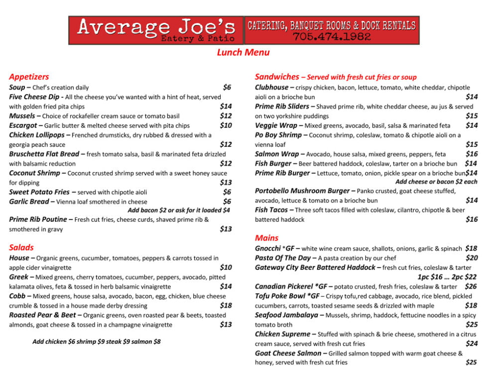 Our Menu Average Joes Eatery & Patio Bar